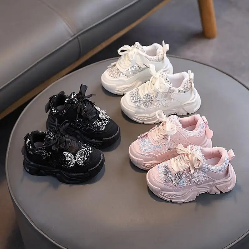

Kawaii Casual Shoe Fashion Childrens Shoe Girls Sneakers Glitter Rhinestone Butterfly Dad Shoes Sweet Versatile Trendy Casual