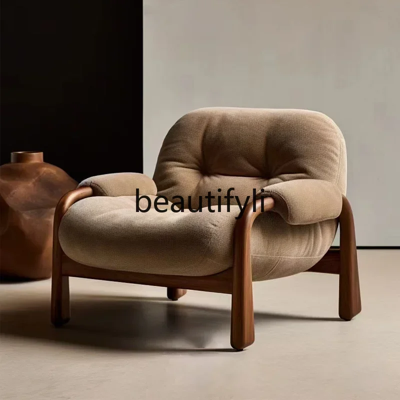 E182 Wabi Sandy Solid Wood Single Sofa Middle Ancient Style, Designer Walnut Leisure Living Room Sofa Back Chair