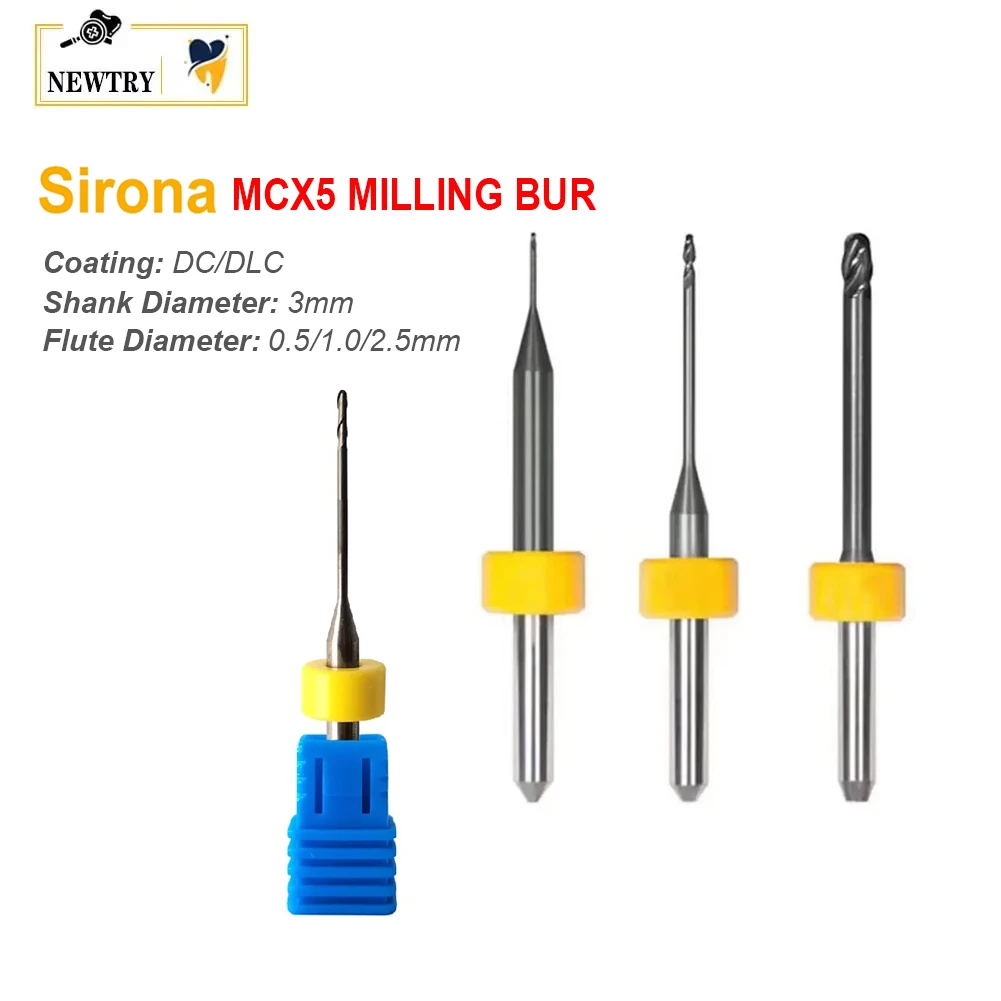 

Dental CAD/CAM Sirona MCX5 Milling Bur Denture Carbide Drill Cutter Diamond DC/DLC Coating Shank 3MM Zirconia PMMA 0.5/1.0/2.0MM