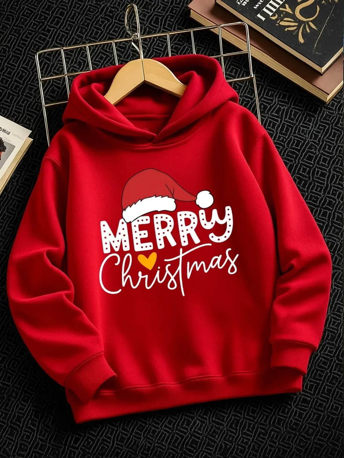 Xmas Santa Hat Kids Hoodie Merry Christmas Letter Heart Holiday Festive Graphic Autumn Winter Fleece Soft Fashion Hoodie