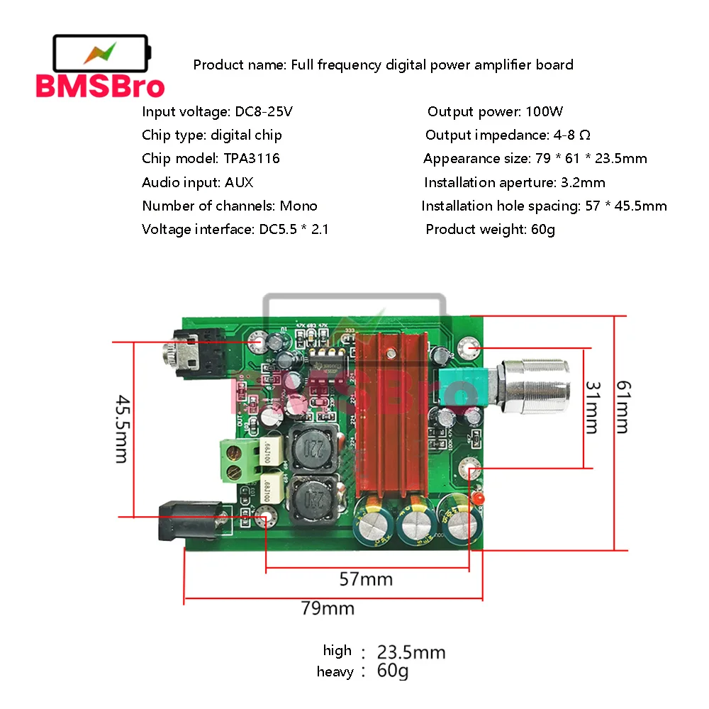 TPA3116D2 Subwoofer karta do cyfrowego wzmacniacza mocy wzmacniacze TPA3116 100W moduł Audio NE5532 rozmiar płyty wzmacniacza: 75x60mm