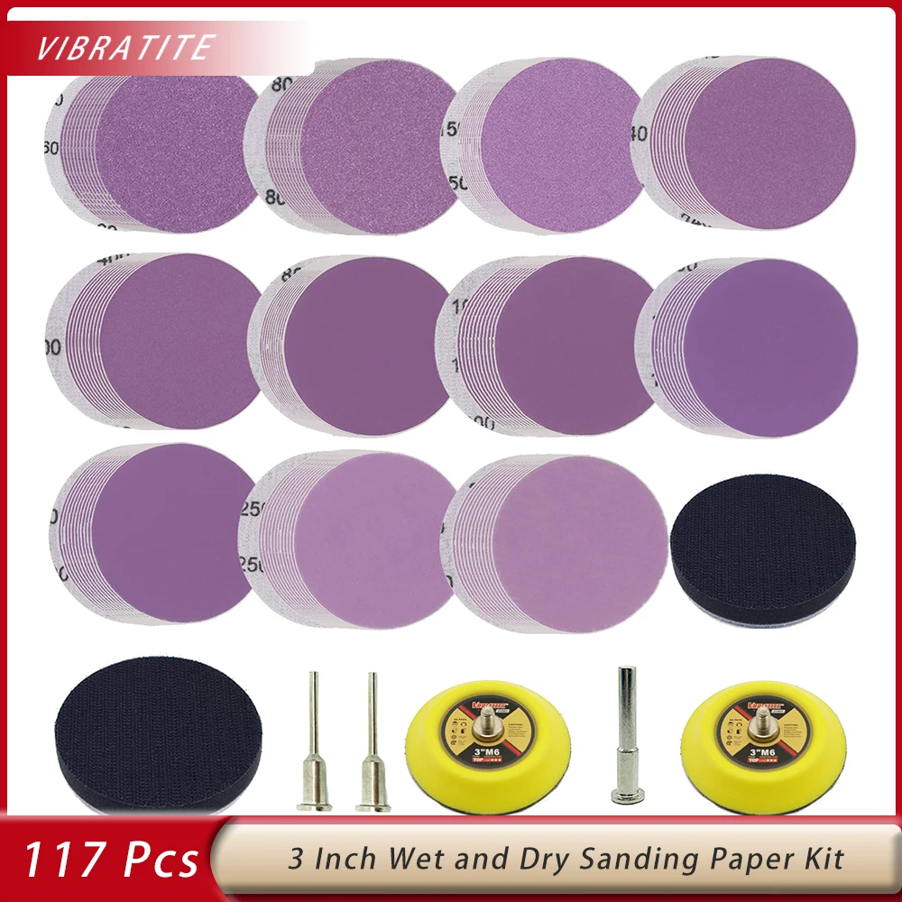 117pcs 3 Polegada Kit de Lixa úmida e seca com 1/8 "e 1/4" Shank Backer Plate Soft Foam Interface Almofadas tampão para polimento