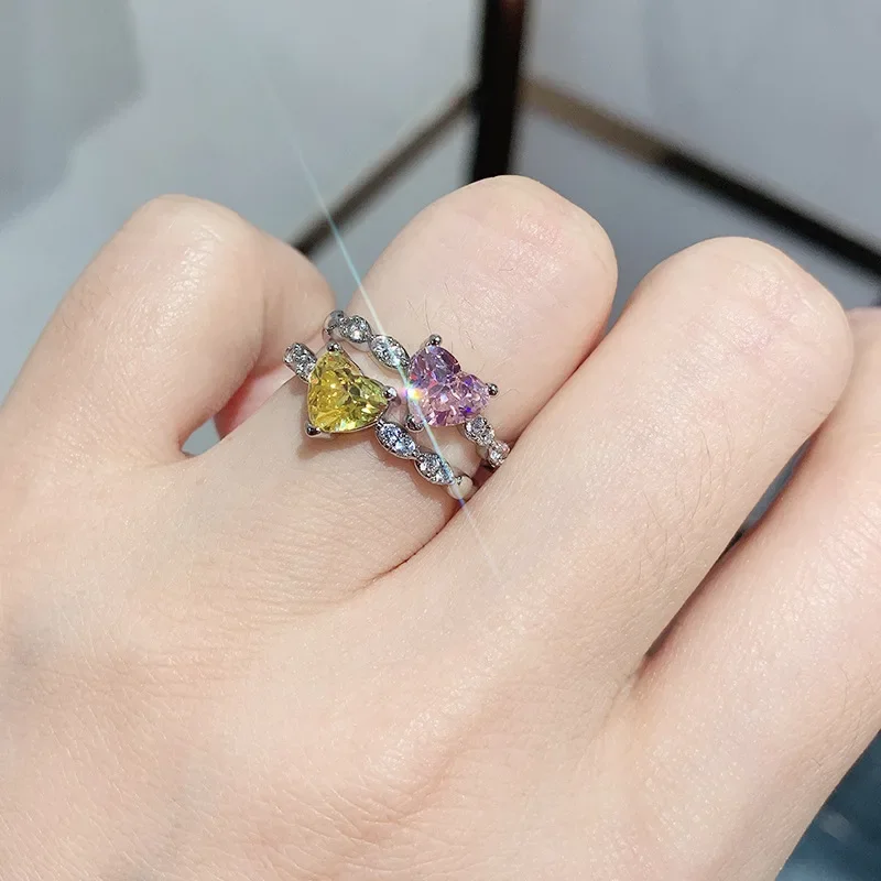 Herzförmige 6*7mm gelb rosa Kristall ringe für Frauen Sterling Silber feiner Schmuck hochwertige Hochzeits feier Freunde Geschenk