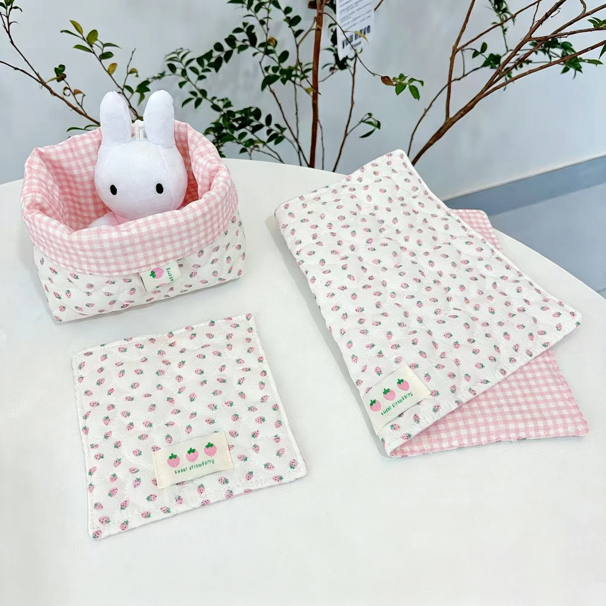 Kawaii Pink Plaid Cream Strawberry Handmade Table Mat Padded Quilted Placemat Korean-style Ins Cotton Mini Coaster Cute Gift