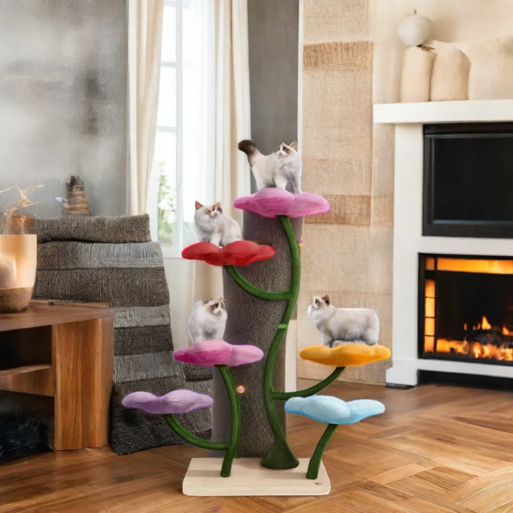 Colorful Wooden Cat Tree Tower Climbing Flower Apartment with Premium Plush and Sisal Column Cat Furniture Interactive Toys