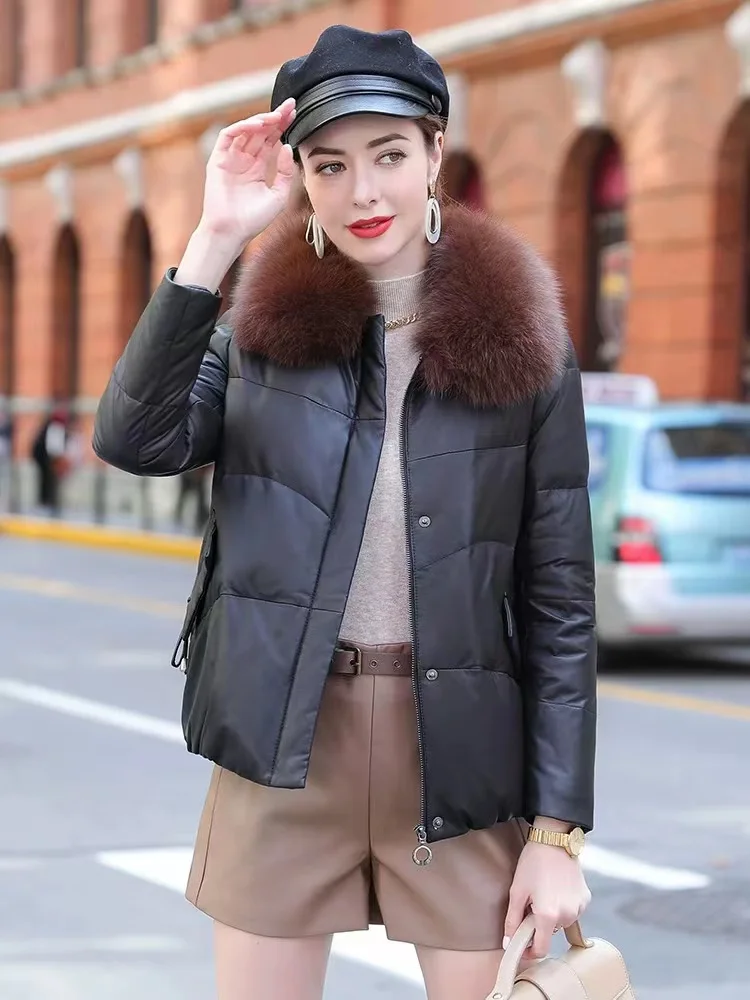 

Big Real Leather Coats With Real Fox Fur Down Coats women 2022 winter Thick Warm Real Leather Down Coats was thin Parkas WY1052