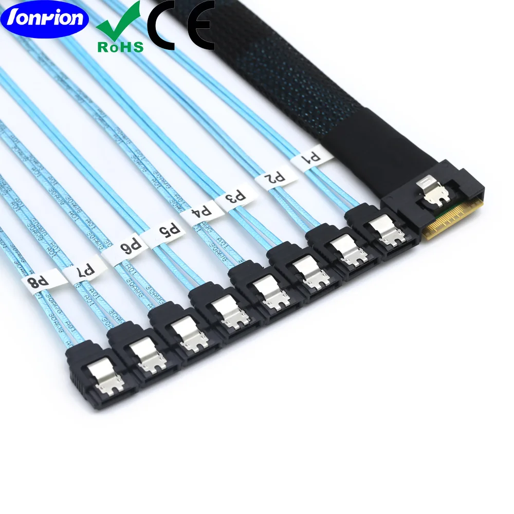 Half-wrap Scoop-proof Insertion Slim SAS 4.0 SFF-8654 8i 74Pin To 8X SATA 7pin Female Straight with Locking Latch 12Gbps Cable