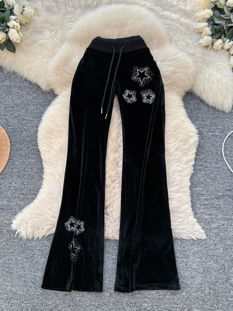 

Foamlina 2025 Autumn Winter Velvet Long Pants for Women Casual Drawstring Low Waist Rhinestone Stars Slim Warm Female Trousers