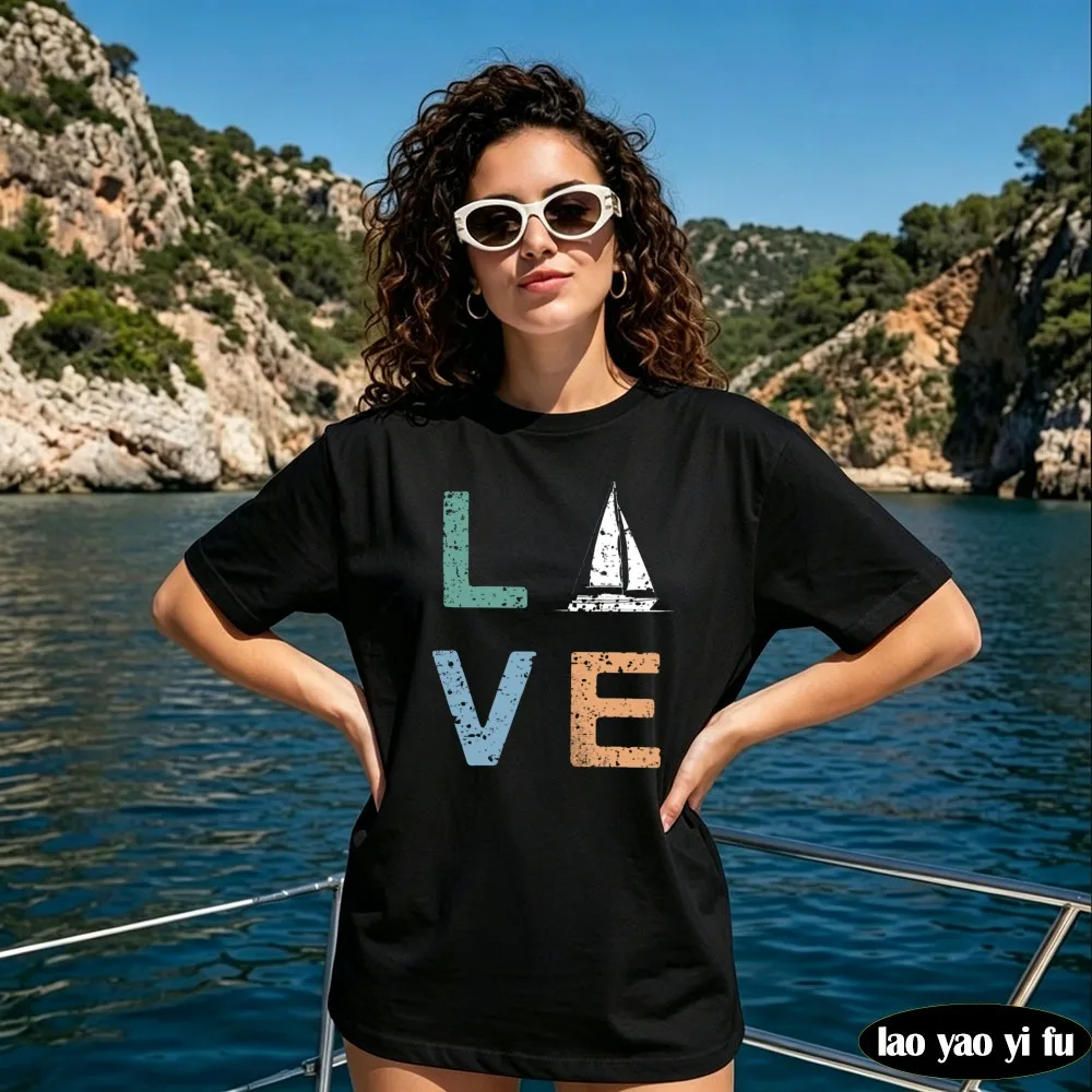 Sailboat T-Shirt Nautical Ocean Graphic Tee Captain Theme Design Soft Cotton Tees Women Clothes Fashion O-neck Tees