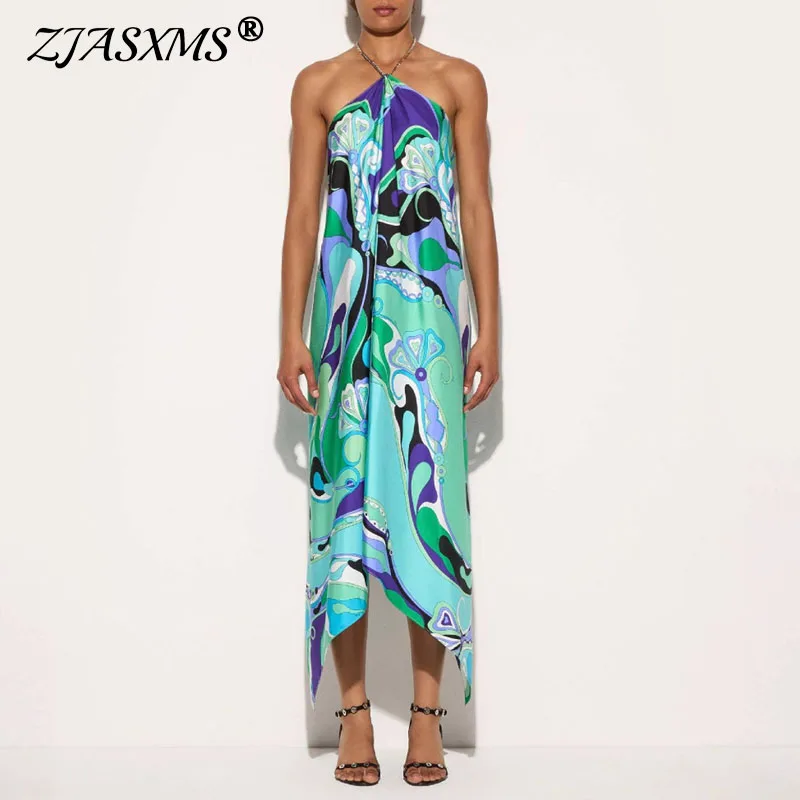 Robe longue en Satin pour femmes, Sexy, dos nu, creuse, irrégulière, élégante, imprimée, sans manches, col licou, ligne a, robes de plage, vacances, été