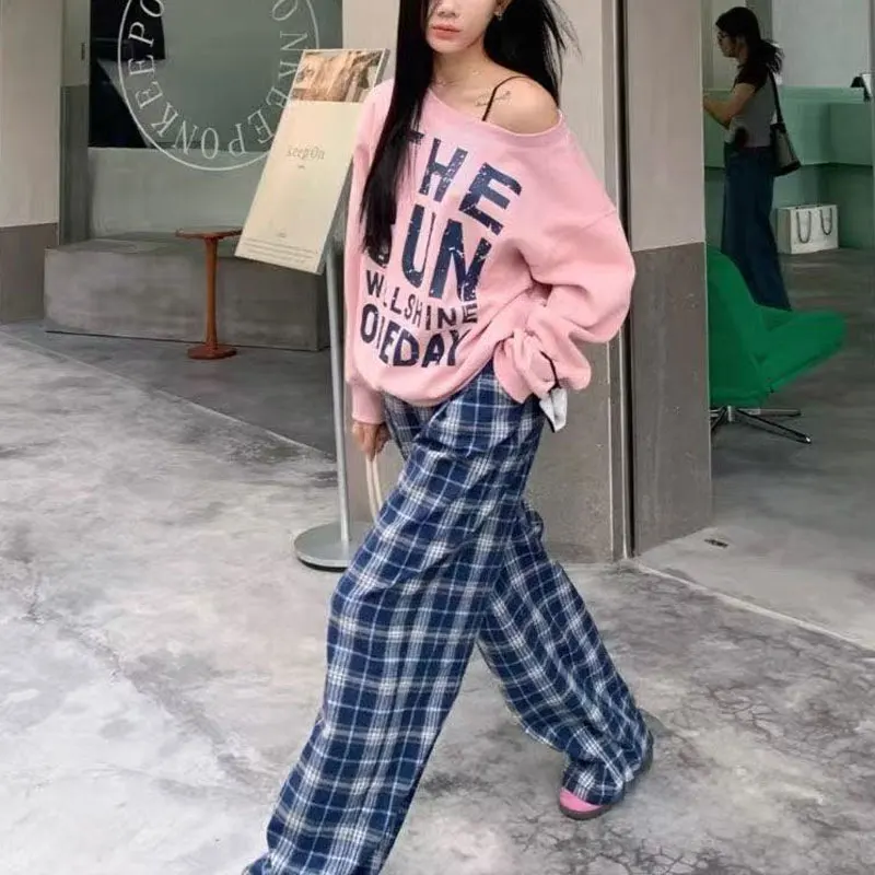 Casual Skew Collar Loose Sweatshirts Women's Clothing American Letter Spring Autumn New Printed Fashionable Off Shoulder Hoodies