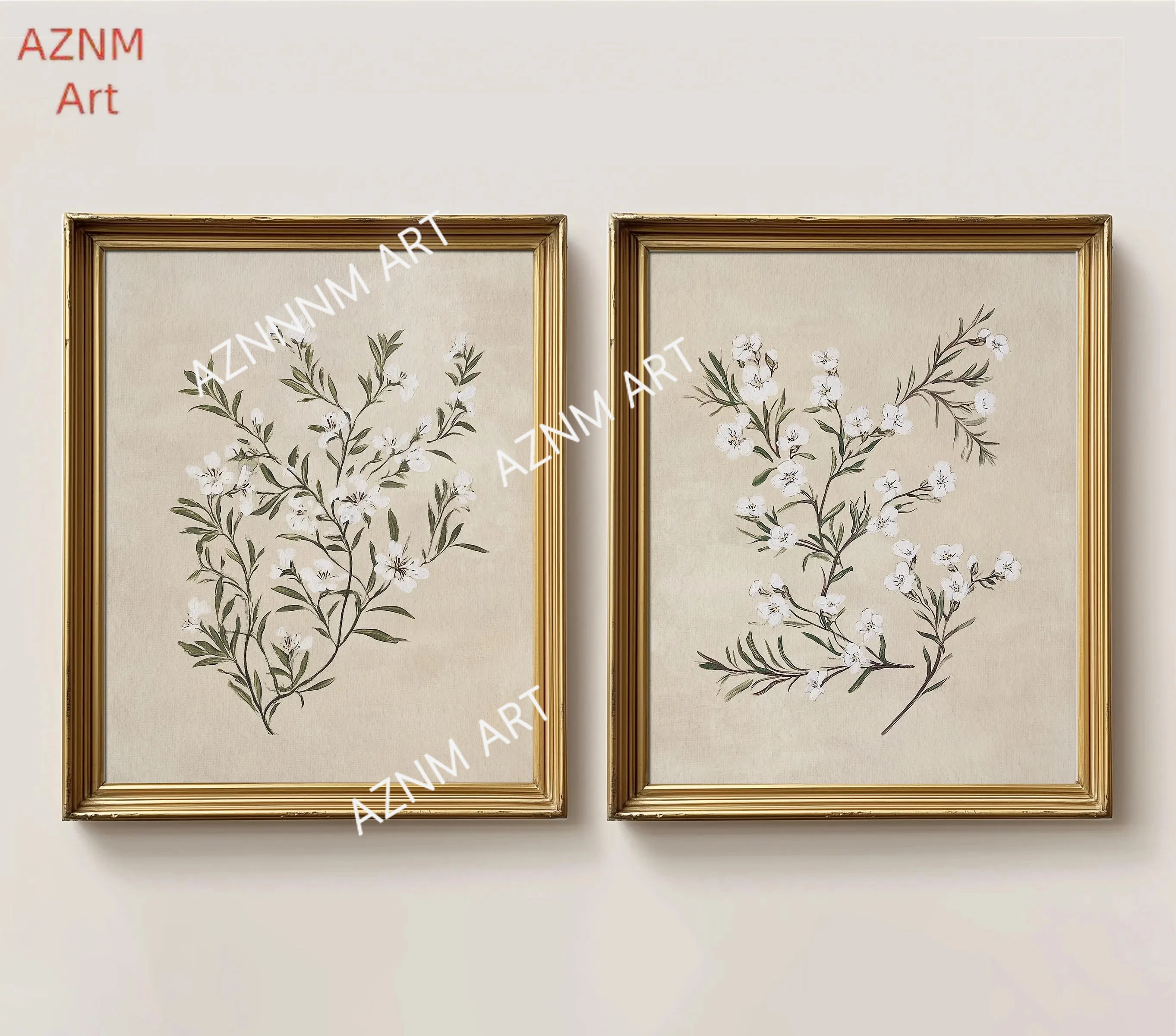 Botanisches Kunstdruck-Set mit 2 weißen Blumenmotiven, neutrale Blumen-Wandkunst, Vintage-Kinderzimmerkunst