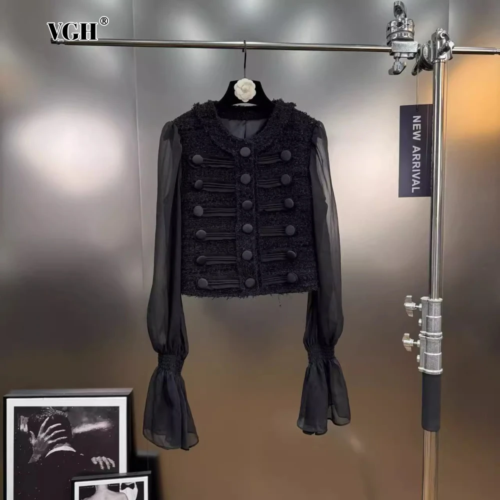 

VGH Твидовое пальто во французском офисном стиле для женщин с круглым вырезом и длинными рукавами, сращенное ​ ​ Темпераментная женская осенняя куртка с несколькими пуговицами