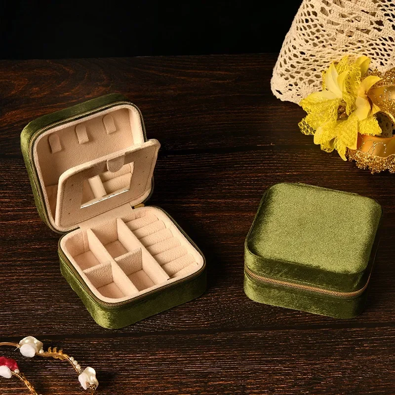 Velvet Jewelry Storage Box For Women Portable Travel Zipper Case With Mirror For Ring Earrings Necklace