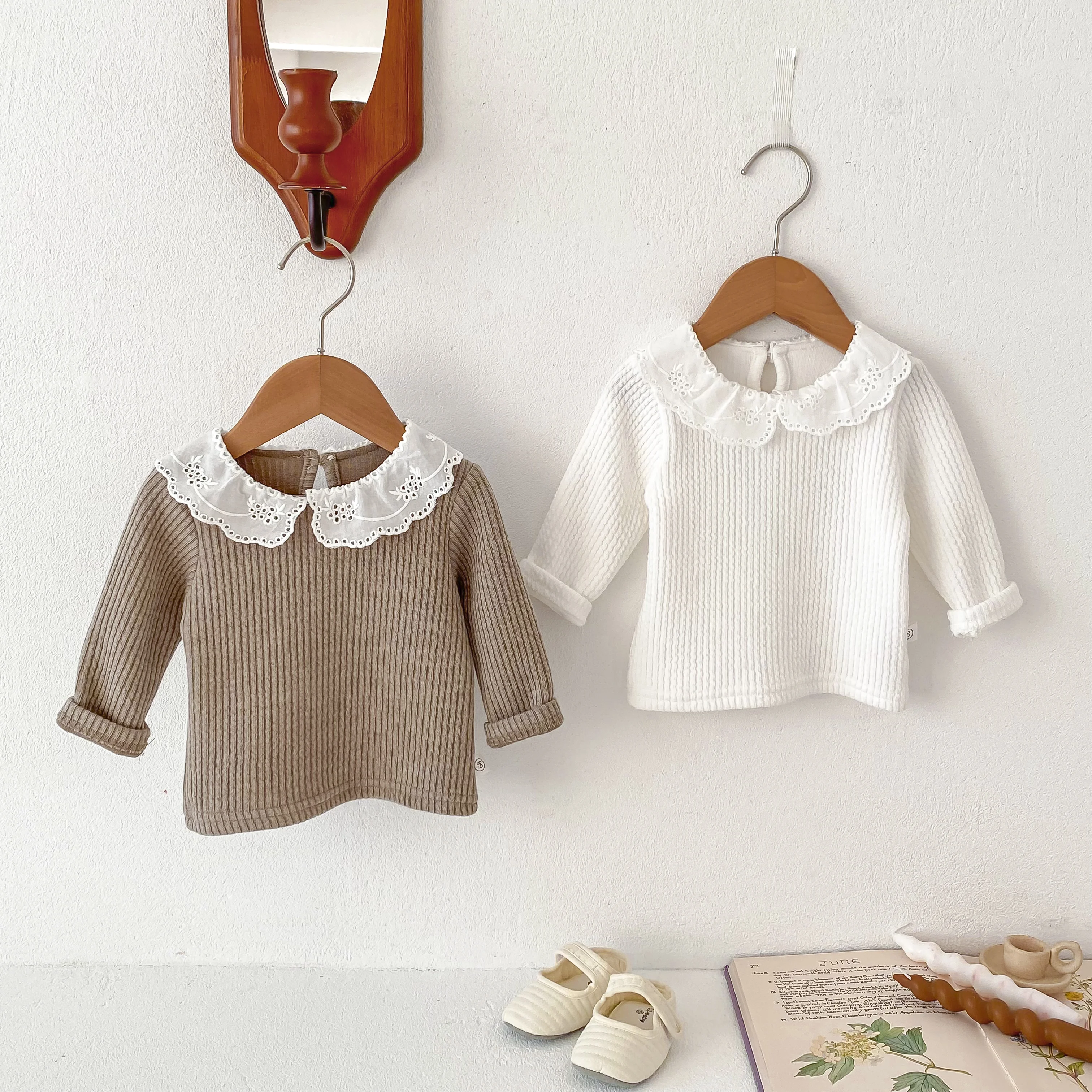 Korean Baby Girls Long Sleeves Shirt Thick Cotton Lace Collar Baby Top Children Clothes 0-24Months