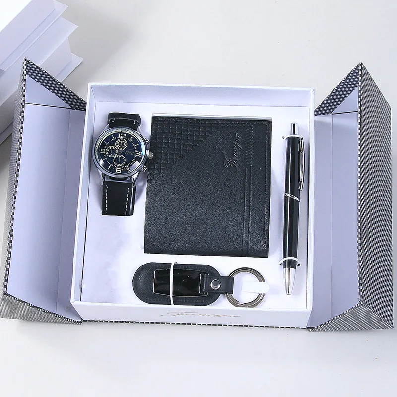 New Fashion Watch Men’s Gift Set Wallet Belt Keychain Cufflinks Ballpoint Pen Quartz Wristwatches Men Gift Box Gifts for Him
