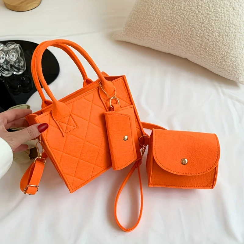 3 Stück/Set geprägte Damenhandtasche, stilvolle Umhängetasche, Clutch und Geldbörse, einfarbige quadratische Umhängetasche, Stoff für den täglichen Gebrauch – Detail 4