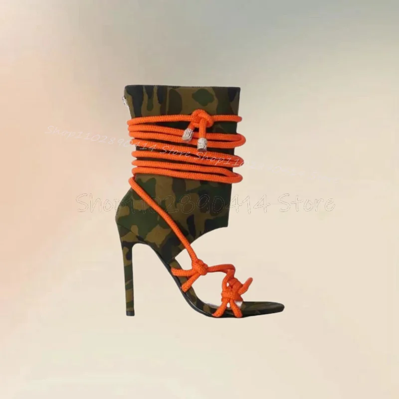 

Orange Knitted Rope Camouflage Print Sandals Boots Back Zipper Women Shoes Thin High Heels Novel Party 2024 Zapatos Para Mujere