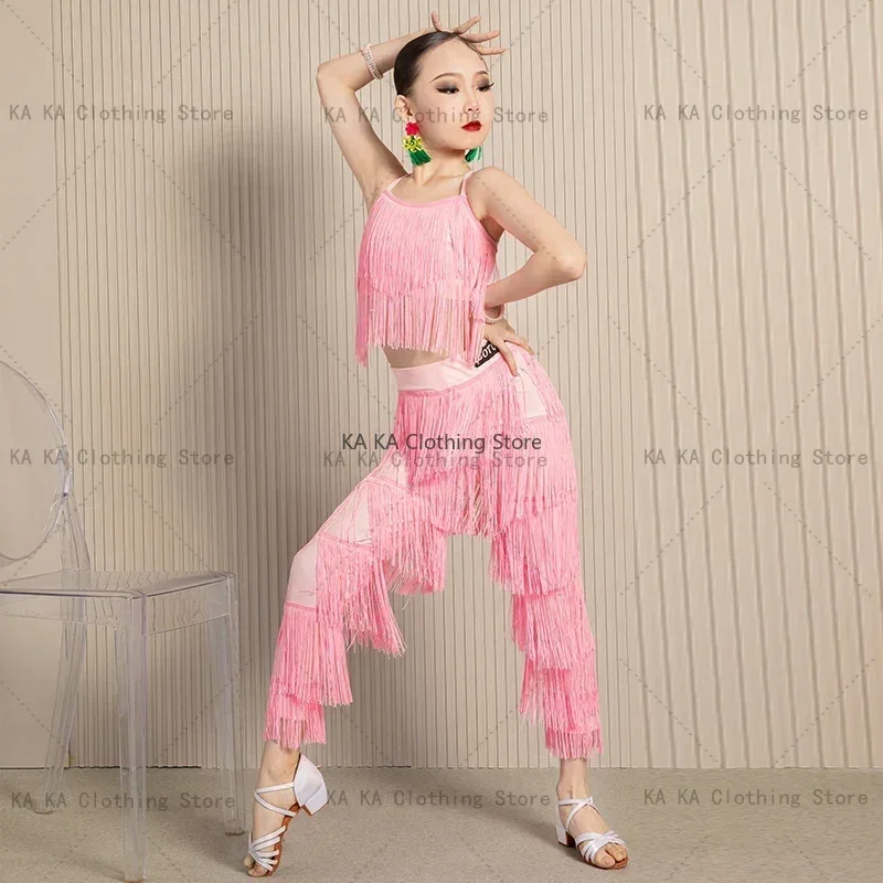 Samba Salsa Rumba Dance Clothes Child Tassels Ballroom Latin Dance Costume Girls Cha Cha Tango Competition Clothes for Kids