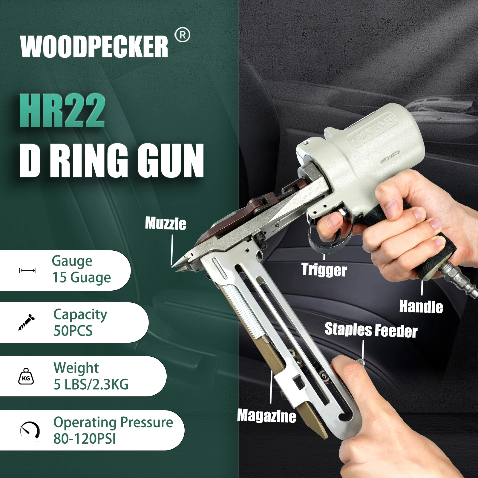 WOODPECKER HR22 15 Gauge D-Ring Air Gun,7.8mm Closure Diameter,Car seat upholstery,Spring mattress fabrication