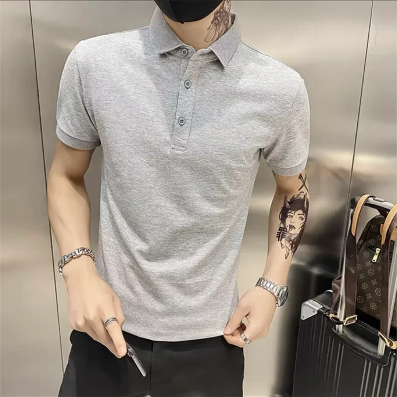 Streetwear Rock Polo Men's T-shirt Ordinary with Collar Male Tee Shirts Plain Clothes Black Top No Logo Basic New in Cool Chic