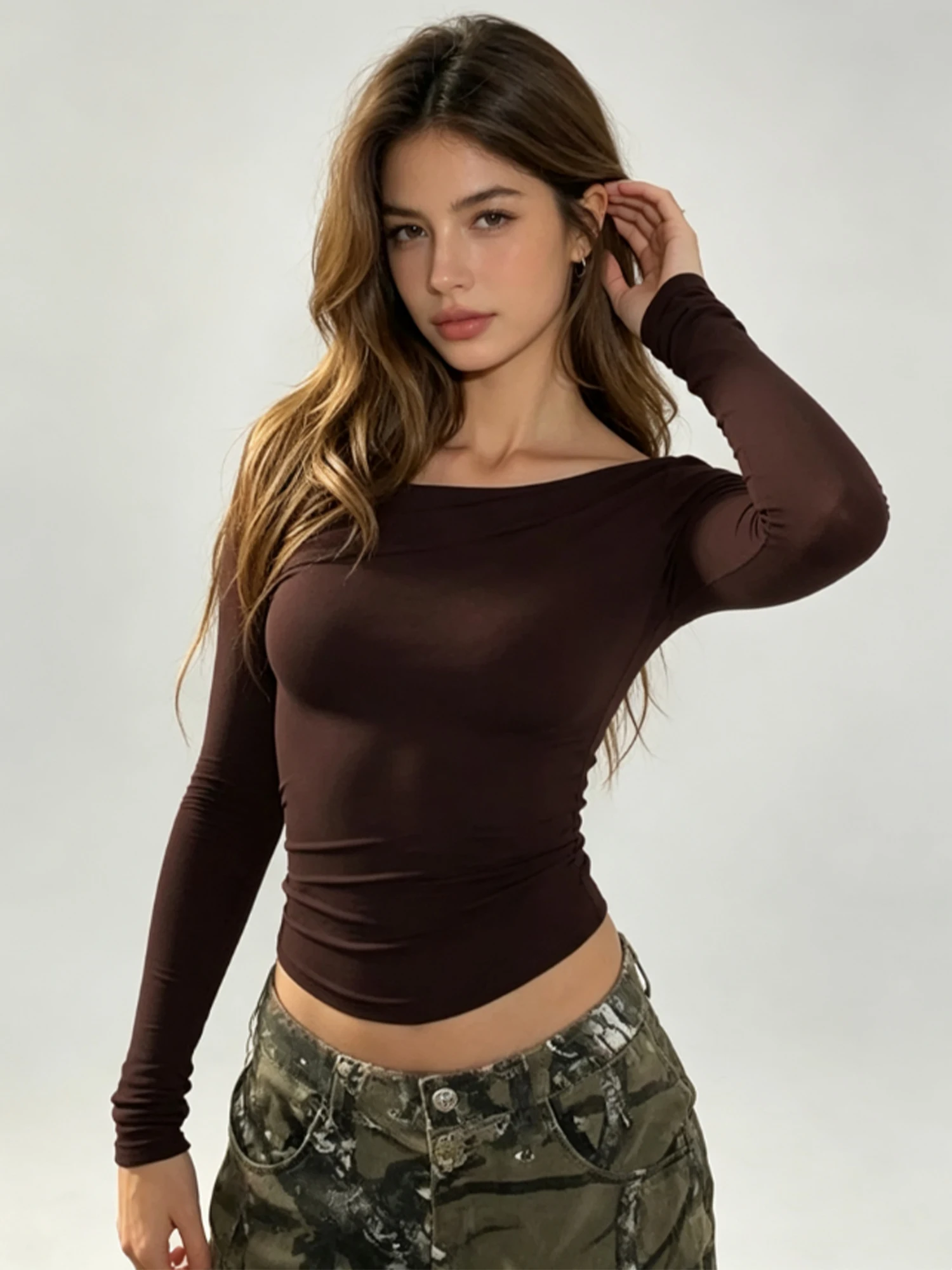 Women Brown T-shirt Y2K Gyaru Elegant Off Shoulder Long Sleeve Cropped T-Shirt Vintage Korean style Slim Fit Tee Top for Women