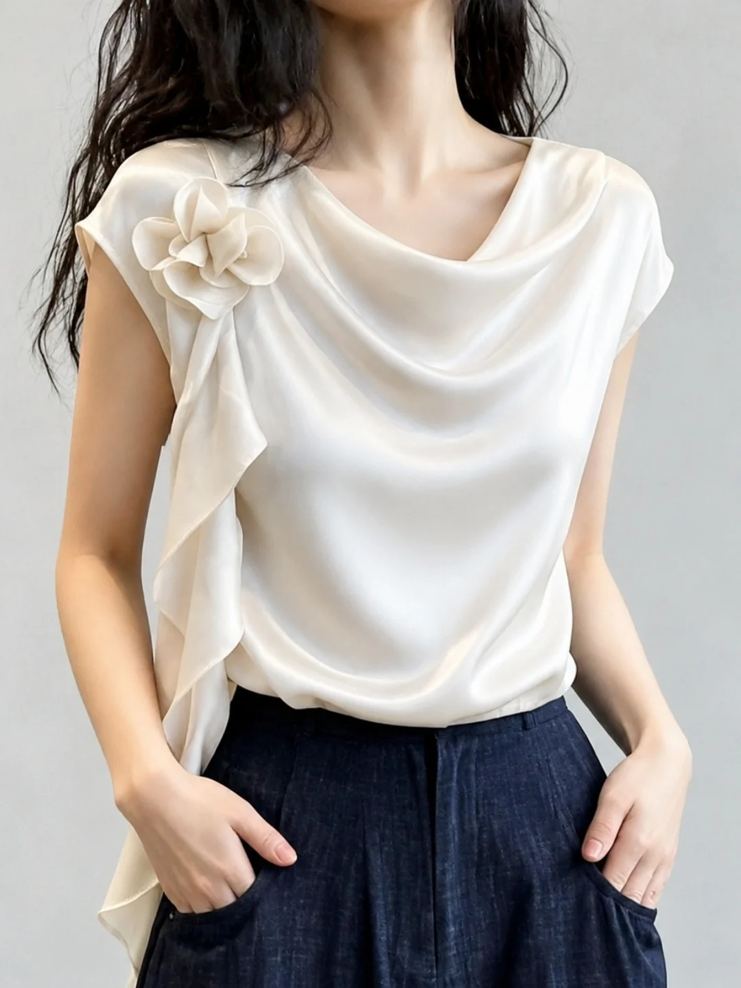 

Elegant Floral Design Short Sleeve T-Shirt Women's Summer Fashion Slimming Top Korean Style Straight Cut Silk Blend Shirt