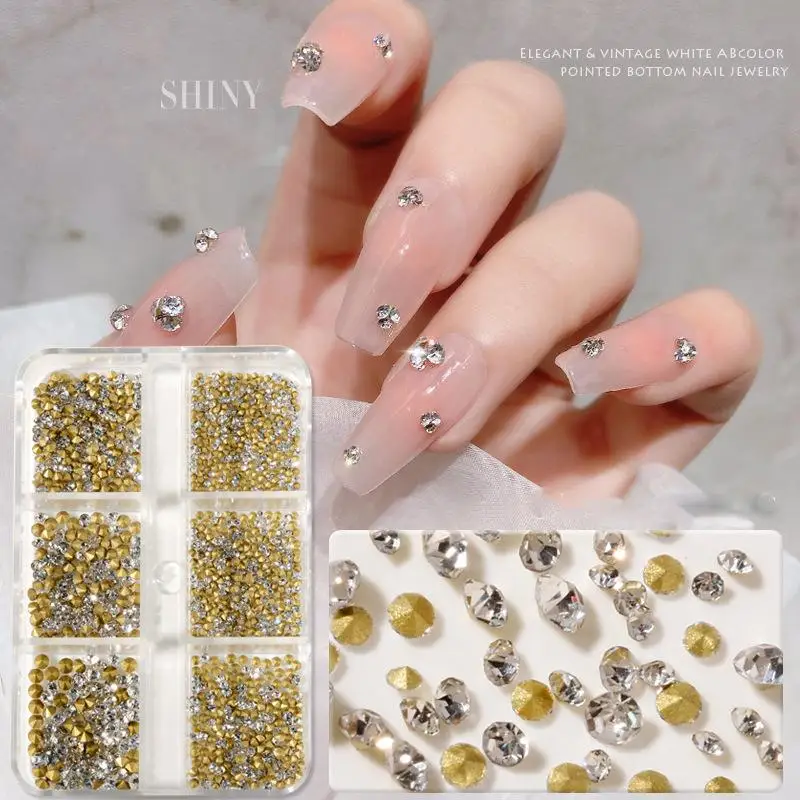 1Box Mini Colorful Glass Nail Rhinestones Decorations Transparent Gold Pointed Bottomed Nail Art Charms DIY French Style Nails