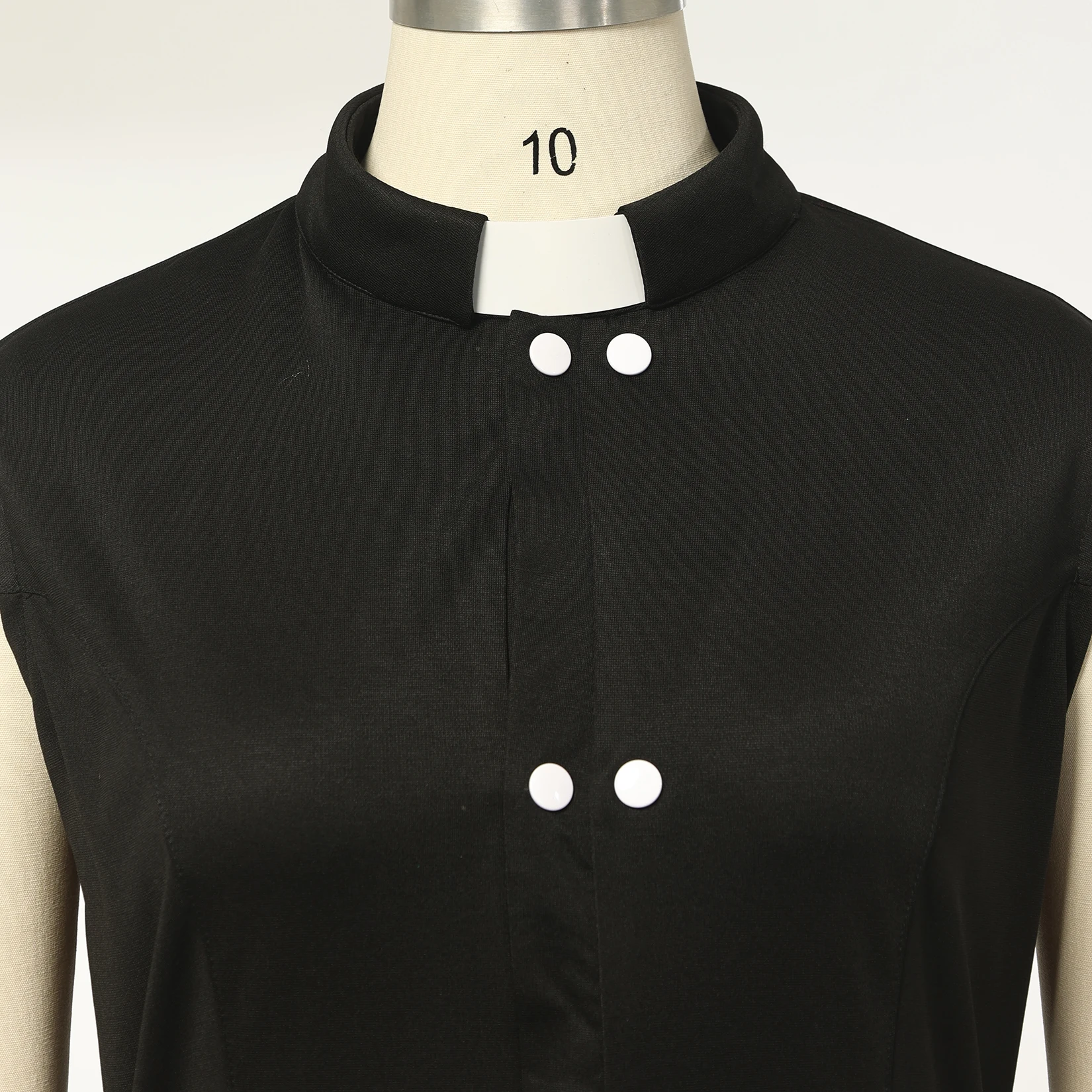 Women Clergy Dress Elegant Black A-Line Maxi Sleeveless Dress with Double-Breasted Buttons Stand Collar Church Costume
