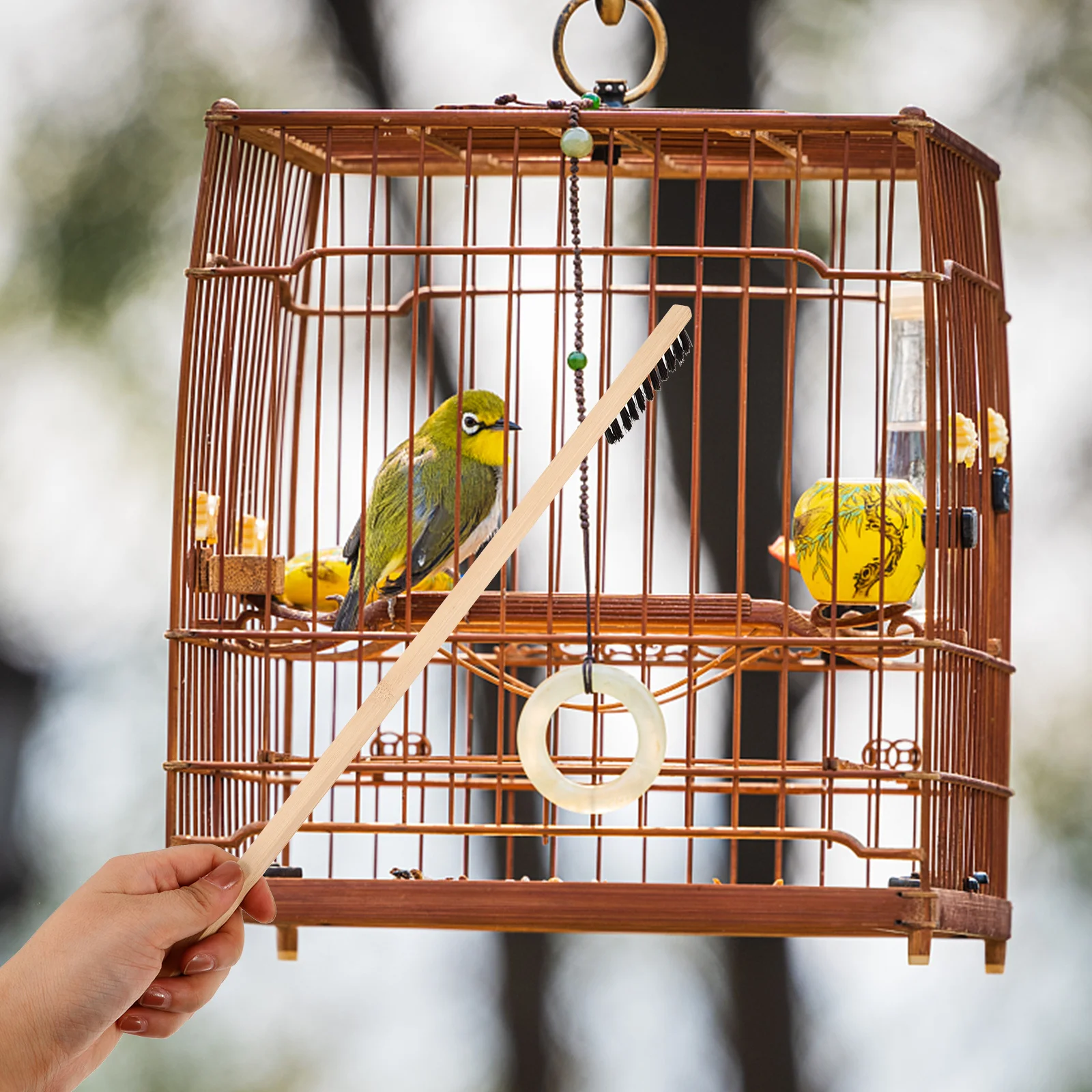 

Long Handle Bird Cage Cleaning Brush Bamboo Made Anti Hair Loss Narrow Head Cage Cleaner for Stubborn Stains Portable Use