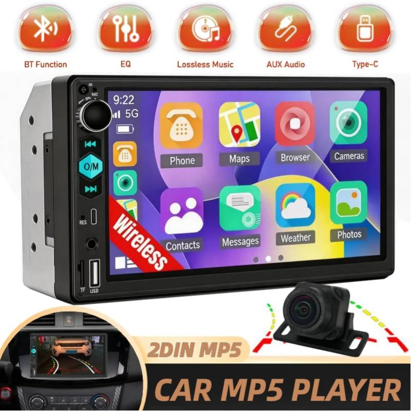 [Type-C] 7inch 2Din Car Stereo with Dynamic Trajectory Reverse Camera Touchscreen MP5 Player, BT Wireless, Wired Mirror Link