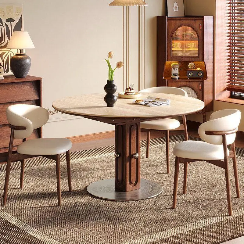 Travertine rock slab dining table telescopic folding household small apartment round solid wood dining table