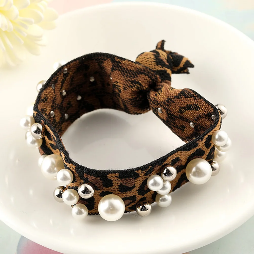 

2Pcs Stylish Hair Ropes Leopard Print Rainbow Pattern with Pearl Accents Strong Hold Hair Ties for Women and Girls