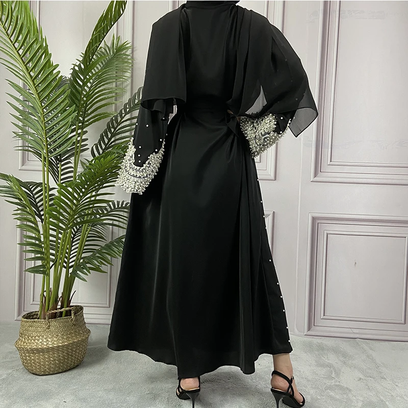 Imagem -02 - Kimono Muçulmano Abaya Preto com Vestido de Pérolas Abertas para Mulheres Dubai Turquia Islã Árabe Kebaya Robe Femme Kaftan