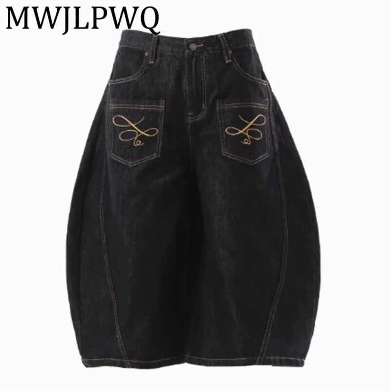 

MWJLPWQ Американские джинсы с вышивкой Machete, мужские свободные брюки унисекс для пар, модные джинсовые короткие широкие брюки, новинка 010836