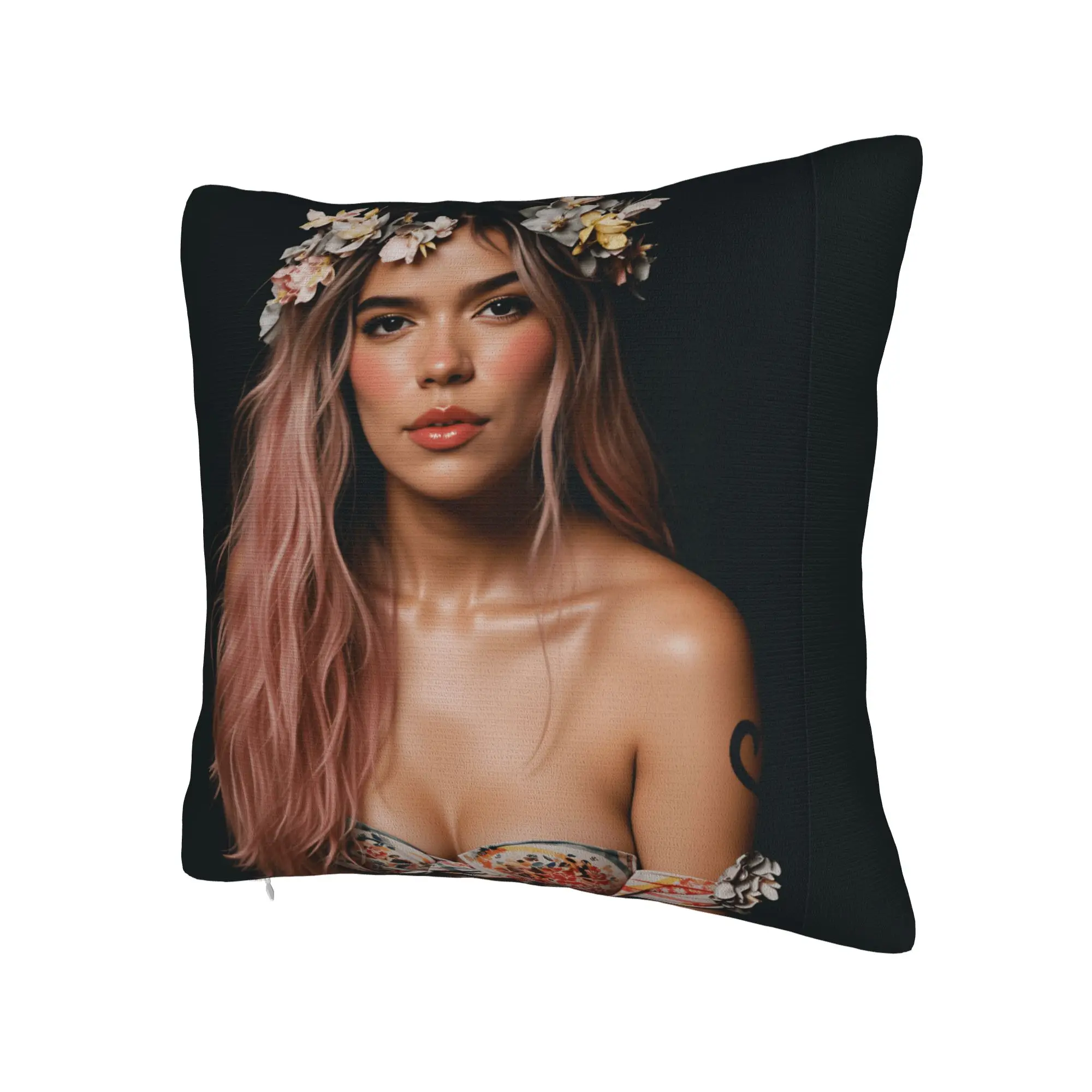 Karol G Pink Hair Flower Crown Portrait Pillow Case  Retro Trendy Pillow Cover Square Pillowcases For Sofa Bedroom Home Decor