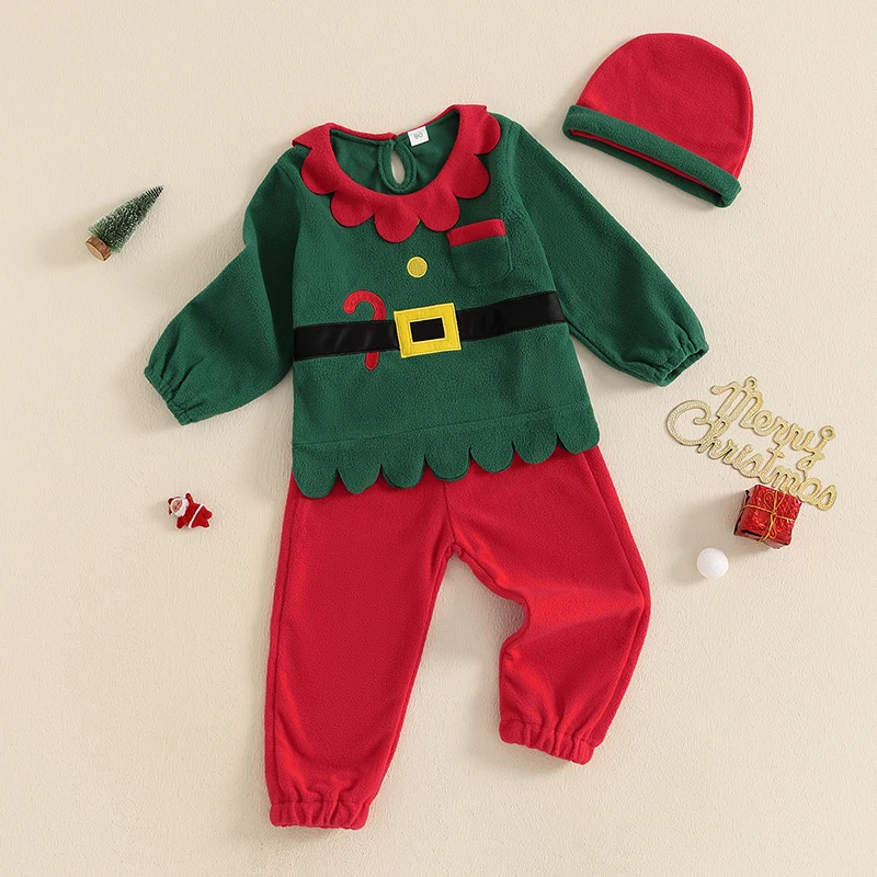 1-6Y Kid Santa Claus Costume Set Fleece Long Sleeve Tops Elastic Waist Pants Hat Cosplay Costume for Christmas Halloween Party