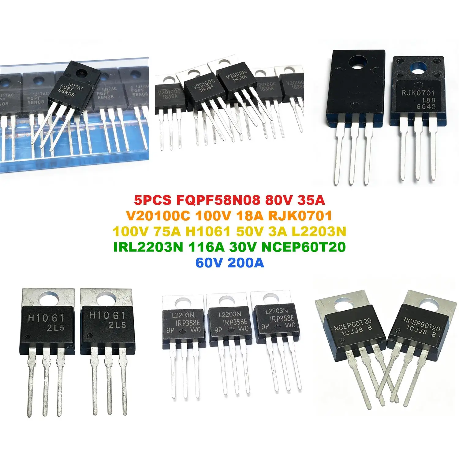 FQPF58N08 80V 35A V20100C 100V 18A RJK0701 100V 75A H1061 50V 3A L2203N IRL2203N 116A 30V NCEP60T20 60V 200A