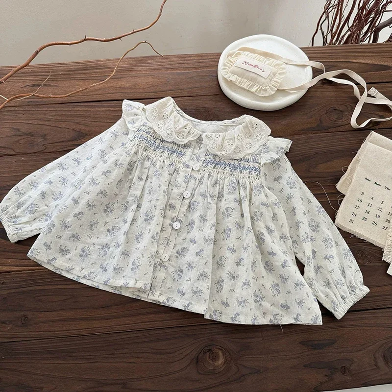 بلوزة بناتي ذات طية صدر السترة مع قميص مزين بالزهور بلوزات قطنية للربيع والخريف بأكمام طويلة للأطفال البنات بياقة بيتر ملابس أطفال
