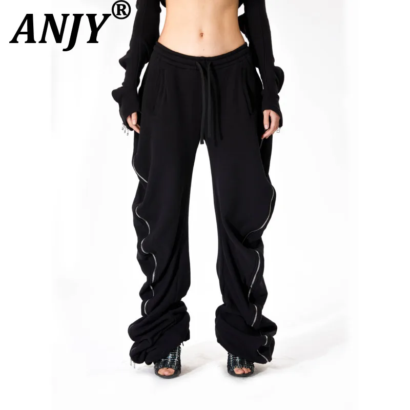 

ANJY Новые женские брюки-джоггеры в темном стиле с молниями, деконструированные, свободного кроя, с широкими штанинами, в стиле панк-стритвир, повседневные, весна-осень A21820