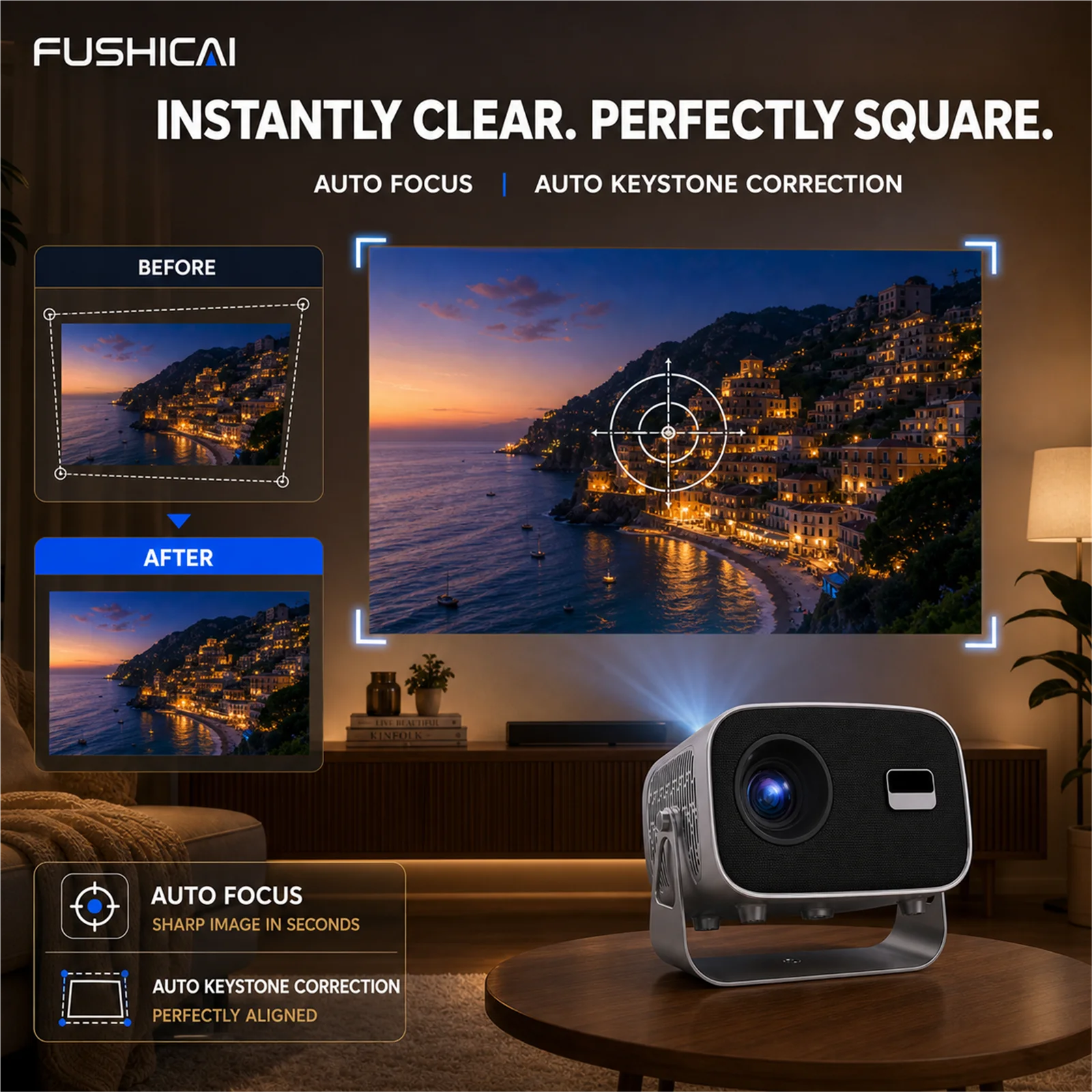 FUSHCAI – przenośny, miniaturowy projektor do użytku na zewnątrz, model A10, z funkcją obrotu o 360 stopni. °   Obrót 900 ANSI, natywny obraz 720P, kompatybilny z 4K, autofokus, BT 5.4 — zdjęcie produktu 5