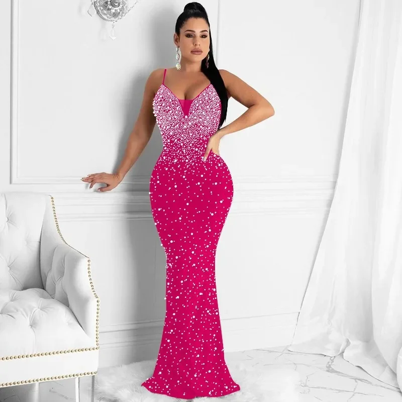 คริสตัล Rhinestones ไข่มุก Mermaid Maxi ชุดผู้หญิงงานแต่งงานชุดราตรีวันเกิด Party Night Club Prom ชุดยาว