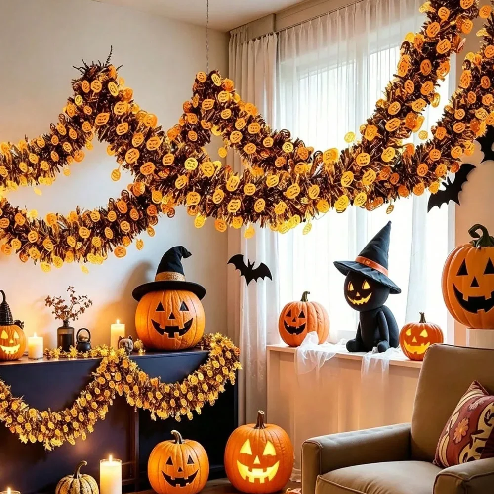 2/4M Schwarz-Orange Halloween-Girlande mit Kürbis-Ausschnitt, Gruselige Hängedekoration für Haustür, Outdoor-Halloween-Party-Zubehör – Detail 9