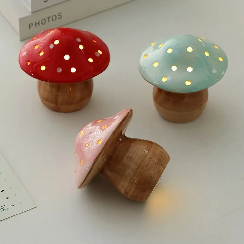 Eye-Friendly Ceramic Mushroom Night Light Soft Glow Flat Bottom Mushroom Nightlights Ornament Energy Efficient