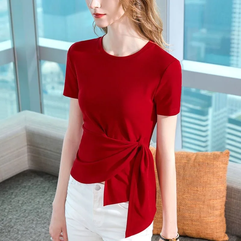 Women Knitted Shirts Tops Lady Casual O-Neck Short Sleeve Tie decor Slim Red color Blusas Tops  QT049