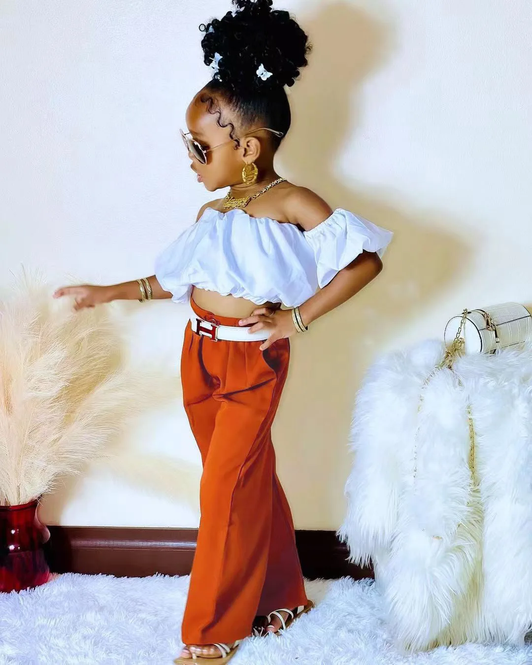 

Faionable Bubble Sve oulder Bared Top And Floor Length Pants Set for Girls Cute Kids Outfit Cotton Polyester Spring Au...