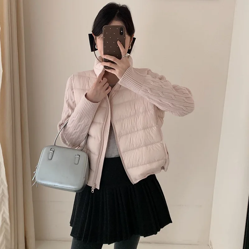 Winter Knitted Sleeves Splice Down Jacket Women White Duck Down Warm Slim Outwears Female Double Zipper Quilted Parker Jacket