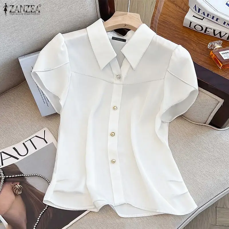 

ZANZEA Модные шифоновые рубашки для женщин, летняя блузка с коротким рукавом 2026, элегантная офисная блуза, повседневный однотонный топ в уличном стиле