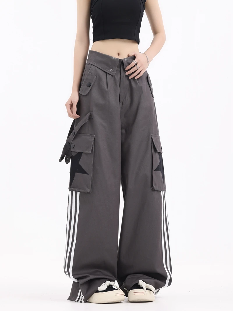 

Autumn and Winter High Quality Flanging Design Star Big Pocket Cargo PantsAmerican Stripe Y2K Straight Tube Loose Trousers