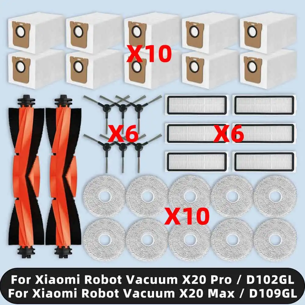 Kompatybilny z Xiaomi Robot Vacuum X20 Pro / X20 Max / D102GL / D109GL Części zamienne Główna szczotka boczna Filtr Hepa Ściereczka do mopa Worek na kurz Akcesoria